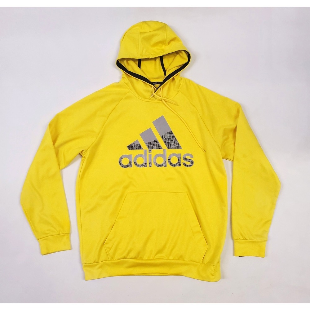 Adidas Training Hoodie Mens US L Yellow Fleece Logo Kangaroo Pocket Athletic